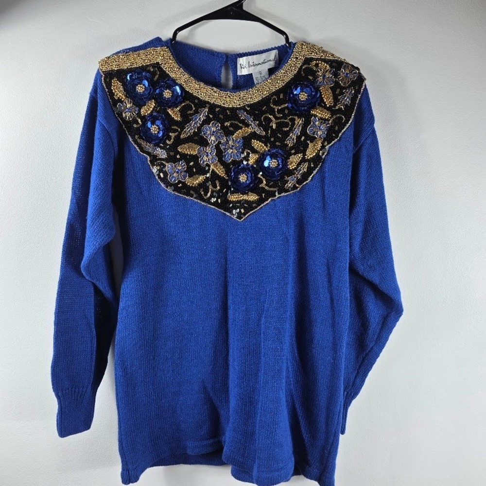 Royal Blue Beaded Sequin V-Neck Long Sleeve Sweater Top‎ Size S